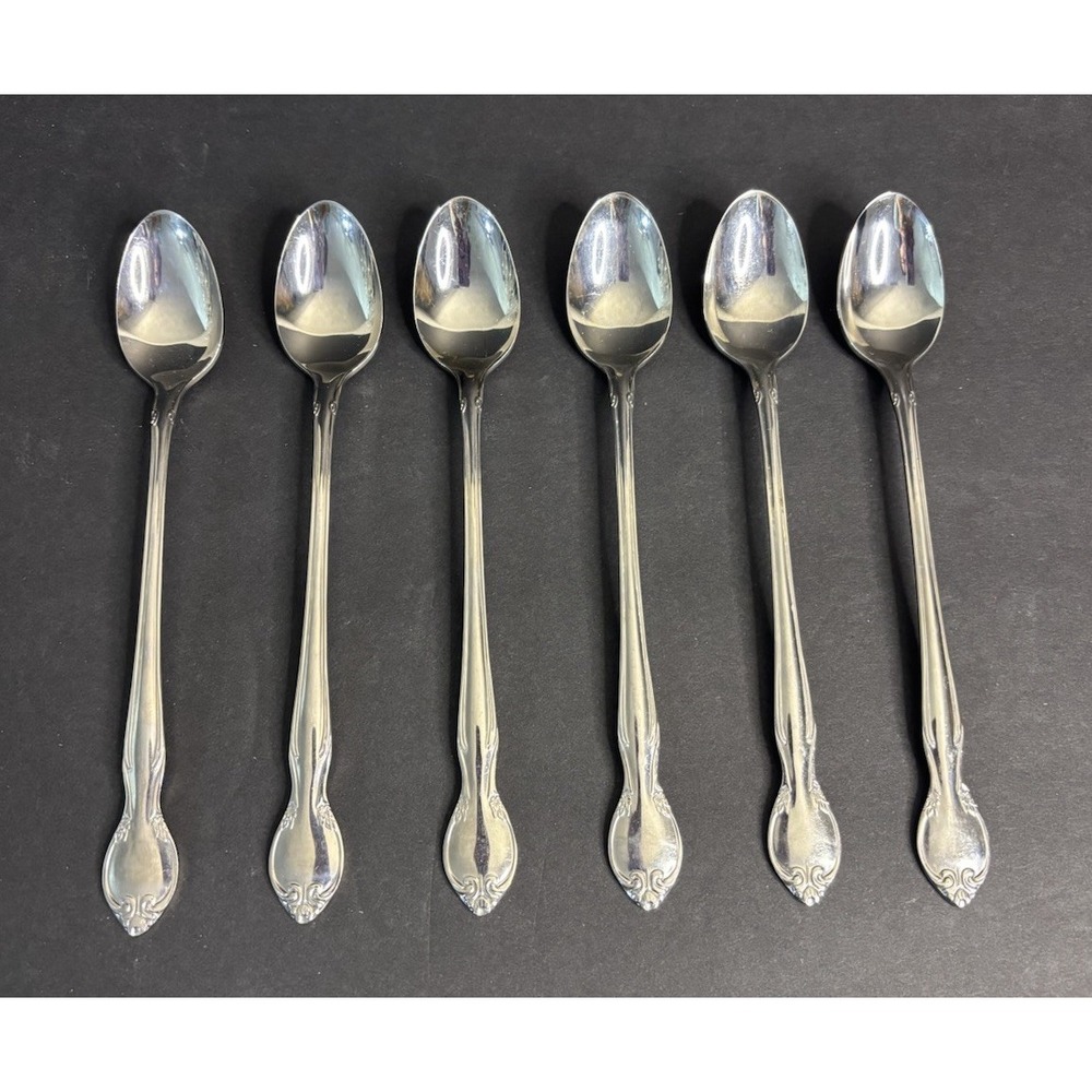 6 Imperial Parliament Iced Tea Spoons Floral Scroll Discontinued 7 1/2"